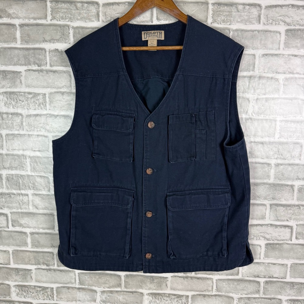 Duluth Trading Co Mens Navy Blue Cotton Canvas Utility Cargo Vest Large Tall